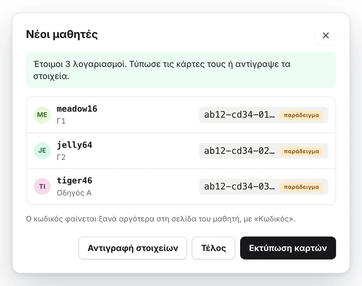 Οι τρεις νέοι λογαριασμοί με τα ονόματα χρήστη, τα ψευδώνυμα και κωδικούς παράδειγμα, και τα κουμπιά «Αντιγραφή στοιχείων», «Τέλος» και «Εκτύπωση καρτών».